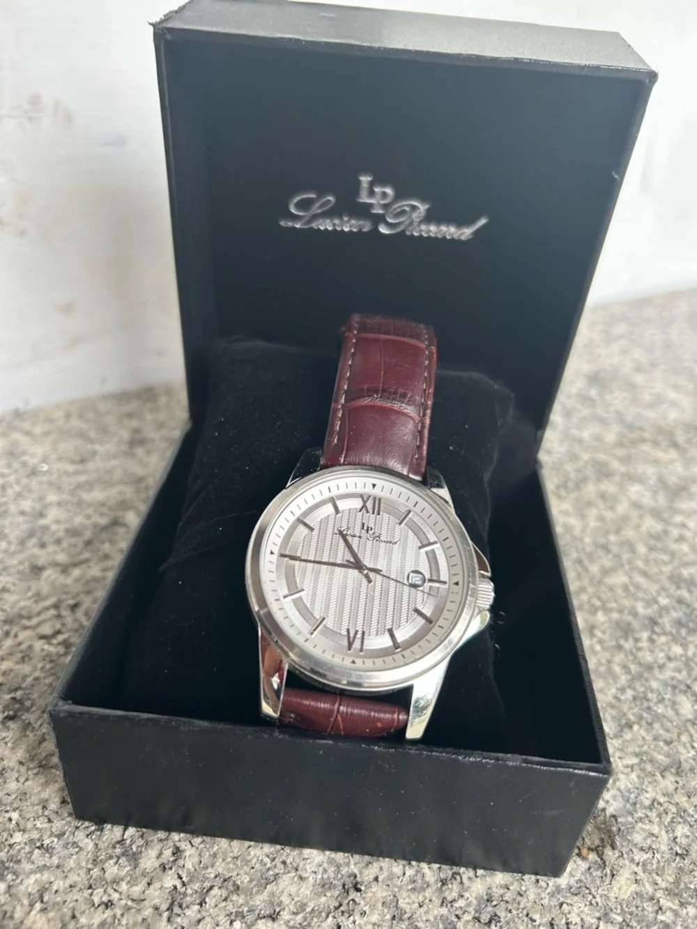 Lucien Piccard Silver Dial Watch with Burgundy Leather Strap
